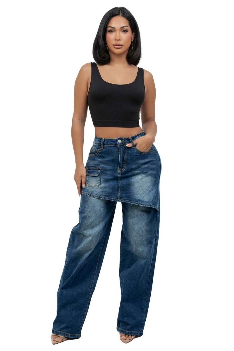 WOMEN FASHION OVERSKIRT DENIM WIDE LEG JEANS